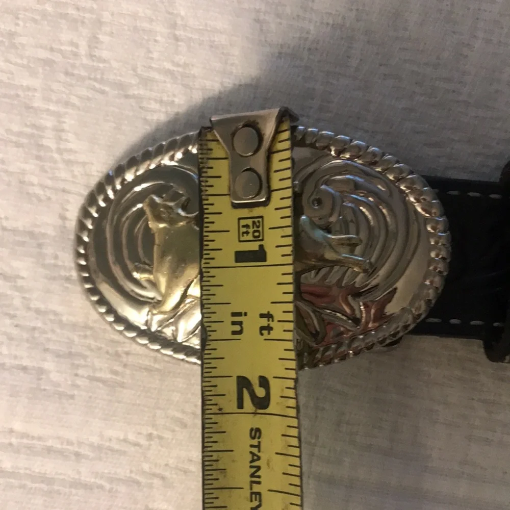 Nacona Silver & Gold Western Leather Belt Rodeo Cowboy Bull Buckle 27” Kids
